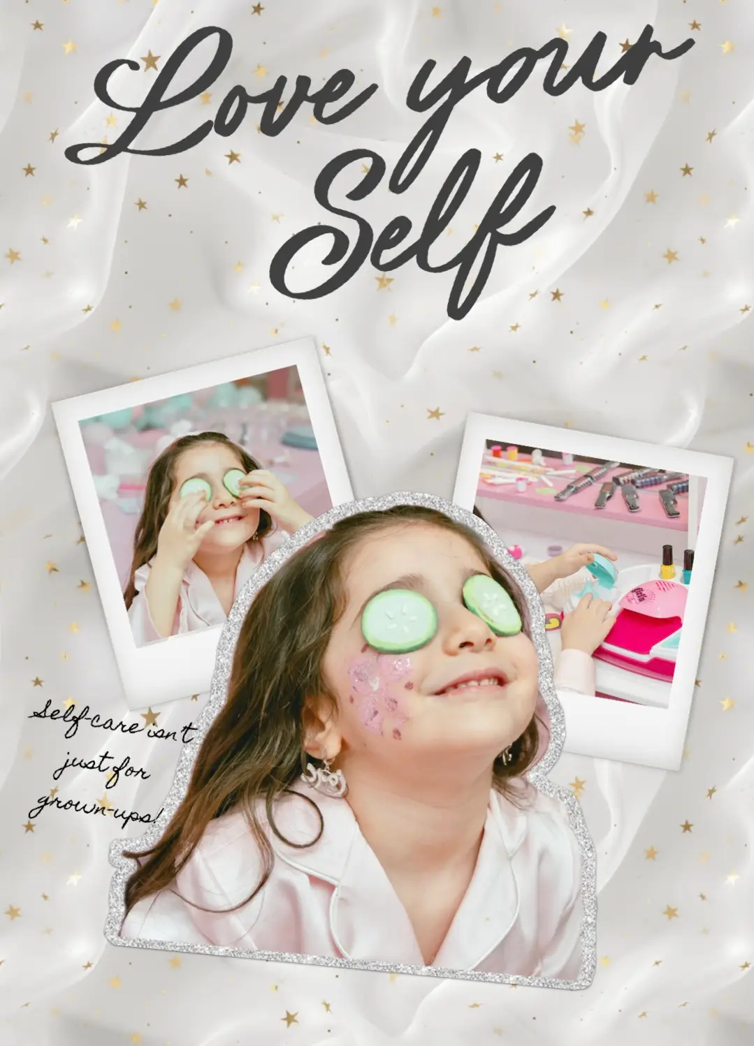 Decorated bedroom with pastel balloons, a cake, and soft blankets creating a dreamy party setup. Cucumber on her eyes